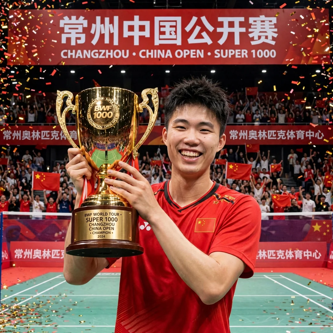 Weng Hong Yang China Open 2024 Super 1000 champion Weng Hong Yang with the China Open 2024 Super 1000 trophy in Changzhou (AI-generated)