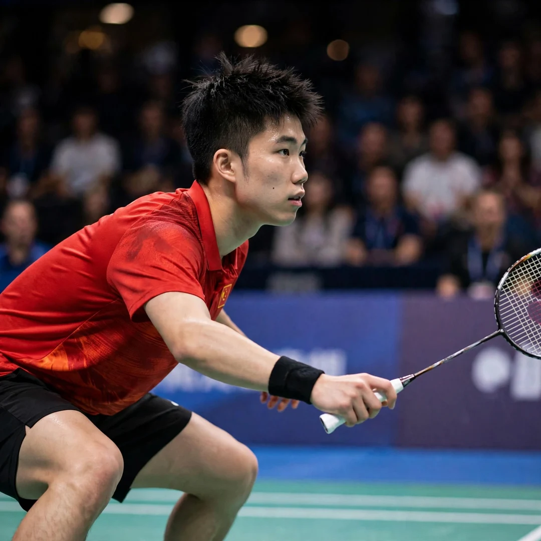 Weng Hong Yang defensive skills Weng Hong Yang in a low defensive crouch, racket in his left hand (AI-generated)
