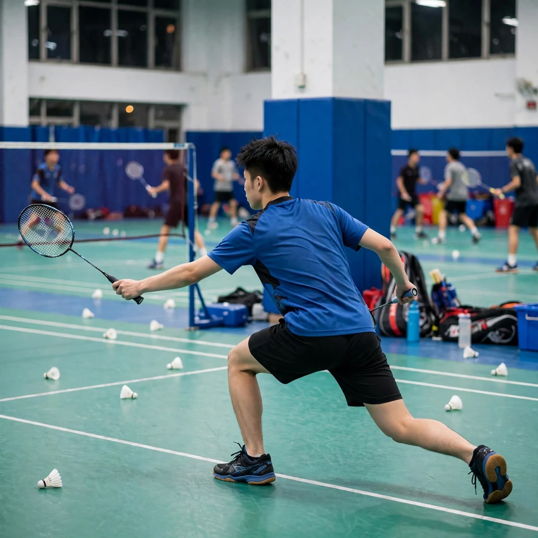 Weng Hong Yang retrieving and court coverage Weng Hong Yang stretching for a forehand retrieve in training, racket in his left hand (AI-generated)