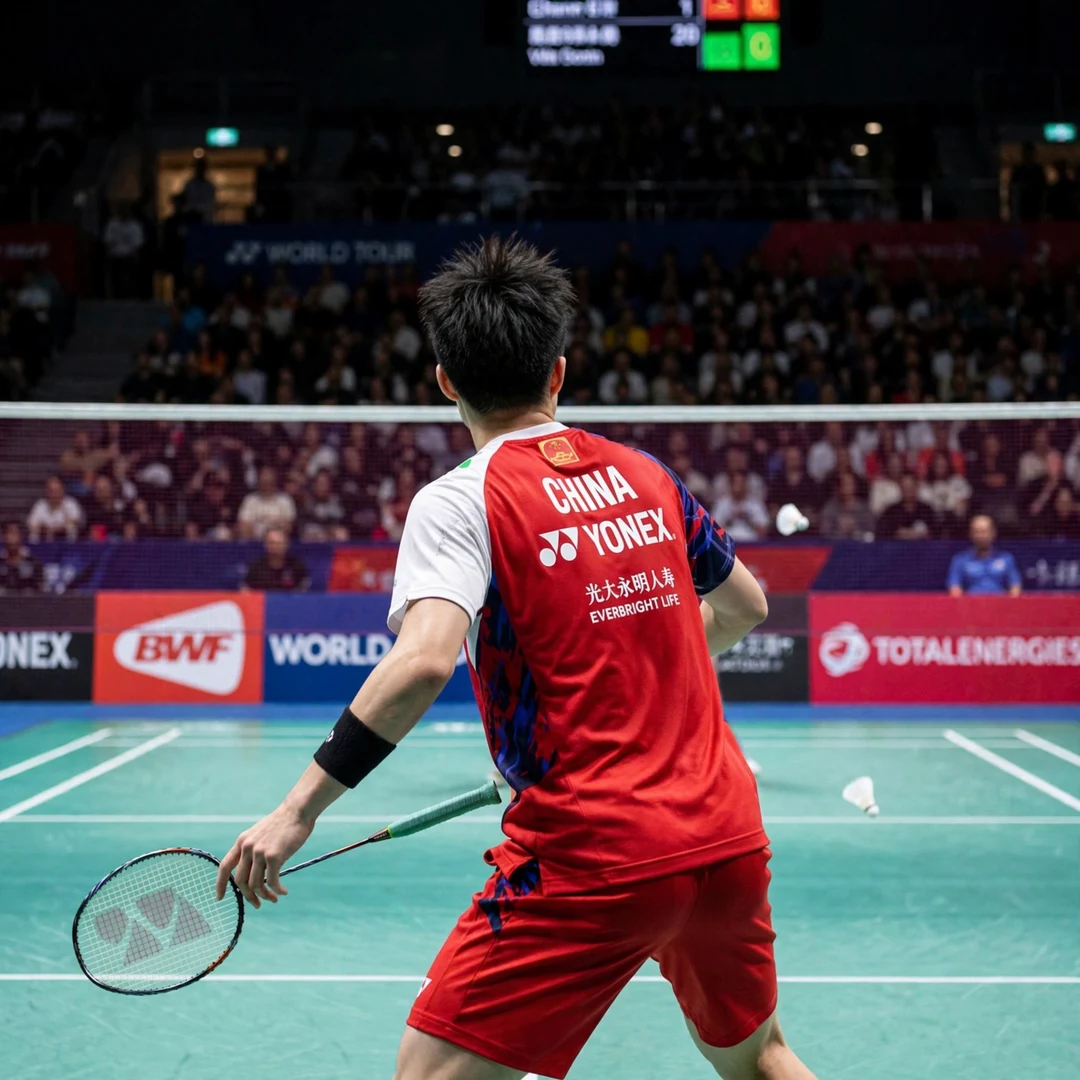 Weng Hong Yang left-handed attacking style Weng Hong Yang left-handed smash follow-through from behind (AI-generated)