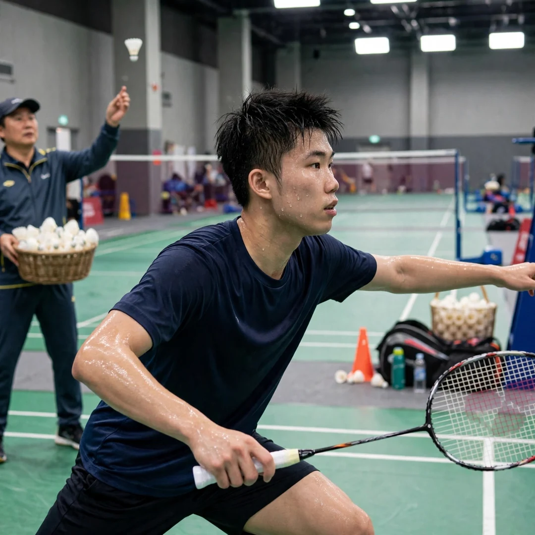Weng Hong Yang training and comeback preparation Weng Hong Yang in a multi-shuttle training session (AI-generated)