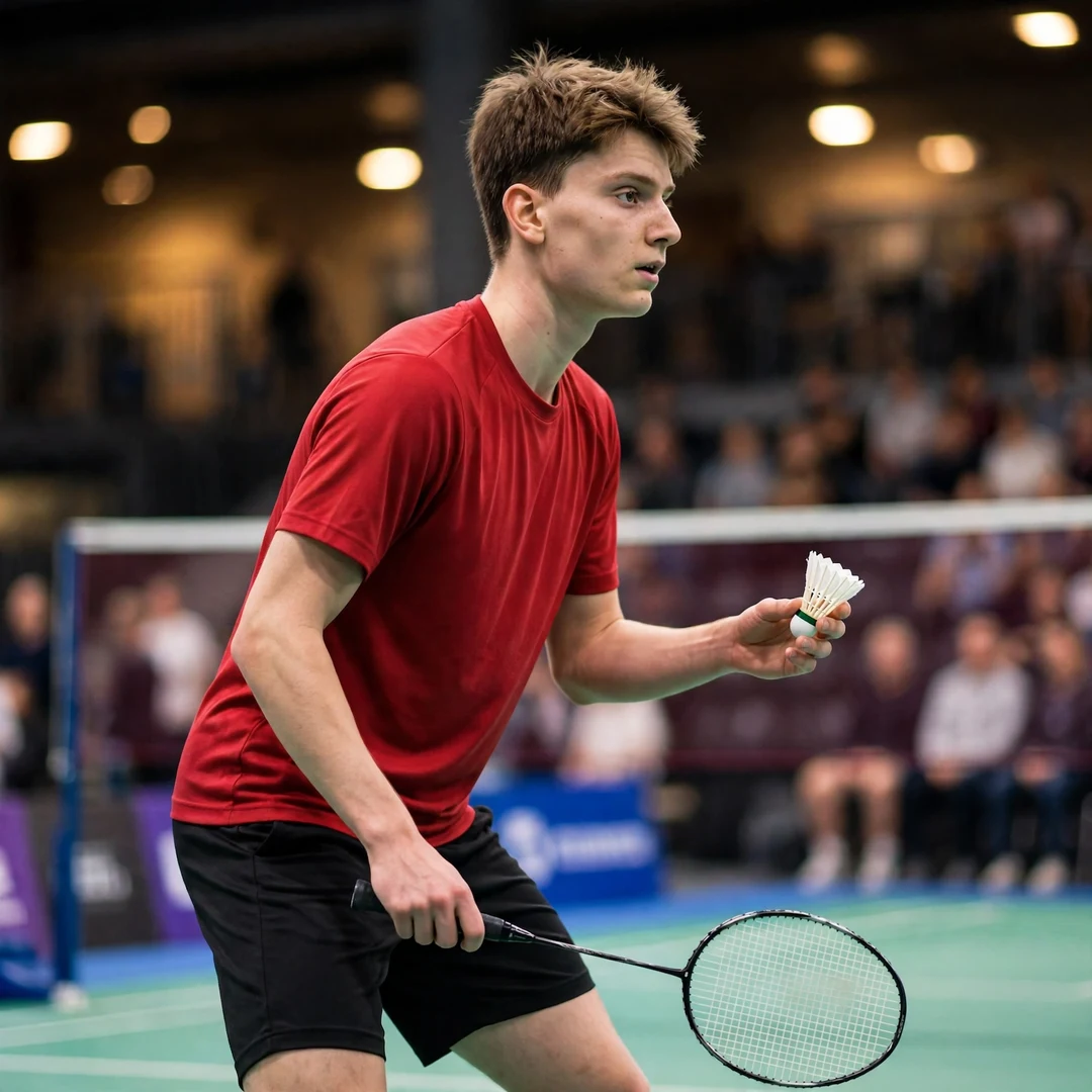 William Bøgebjerg of Denmark holding a shuttlecock as he prepares to serve (AI-generated) William Bøgebjerg of Denmark holding a shuttlecock as he prepares to serve (AI-generated)