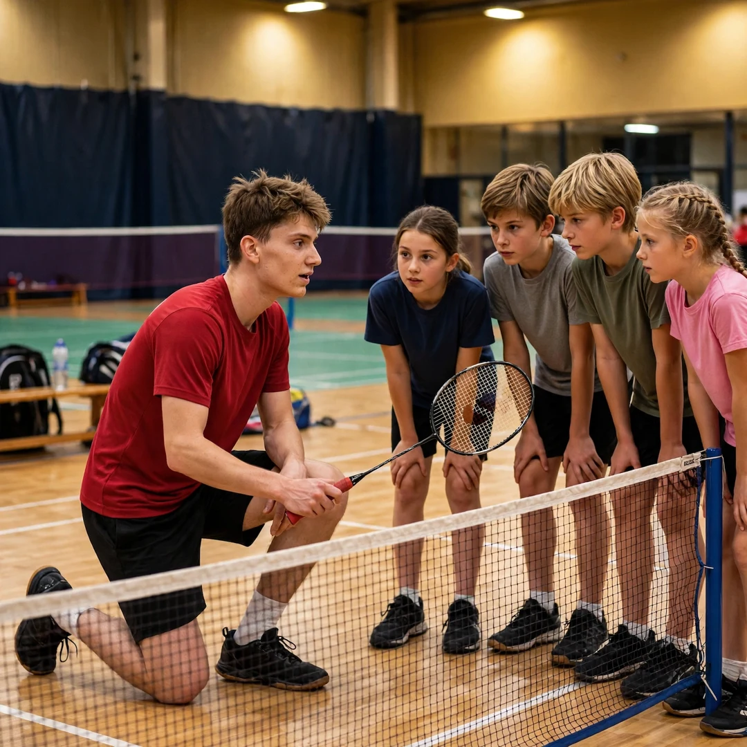 William Bøgebjerg demonstrating a net shot to junior players at a badminton clinic (AI-generated) William Bøgebjerg demonstrating a net shot to junior players at a badminton clinic (AI-generated)