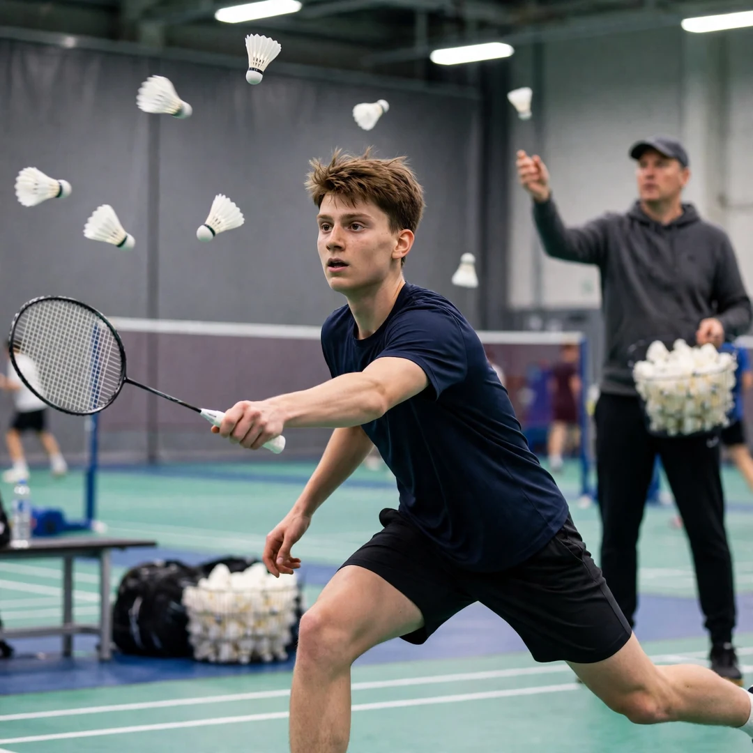 William Bøgebjerg in a multi-shuttle training drill at the national centre in Brøndby (AI-generated) William Bøgebjerg in a multi-shuttle training drill at the national centre in Brøndby (AI-generated)