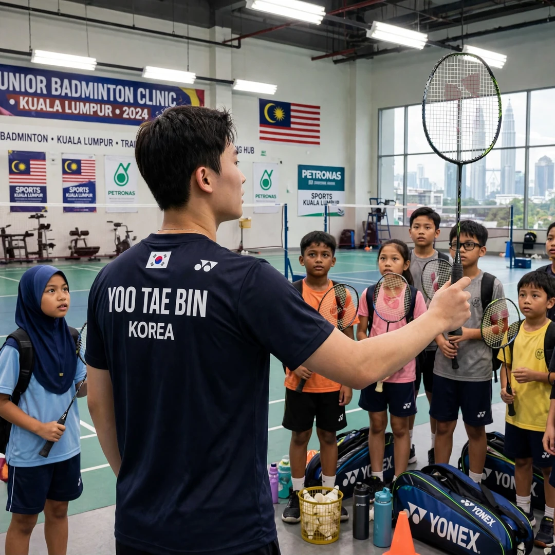 Yoo Tae Bin junior clinic Yoo Tae Bin coaching junior players at a clinic in Kuala Lumpur (AI-generated)