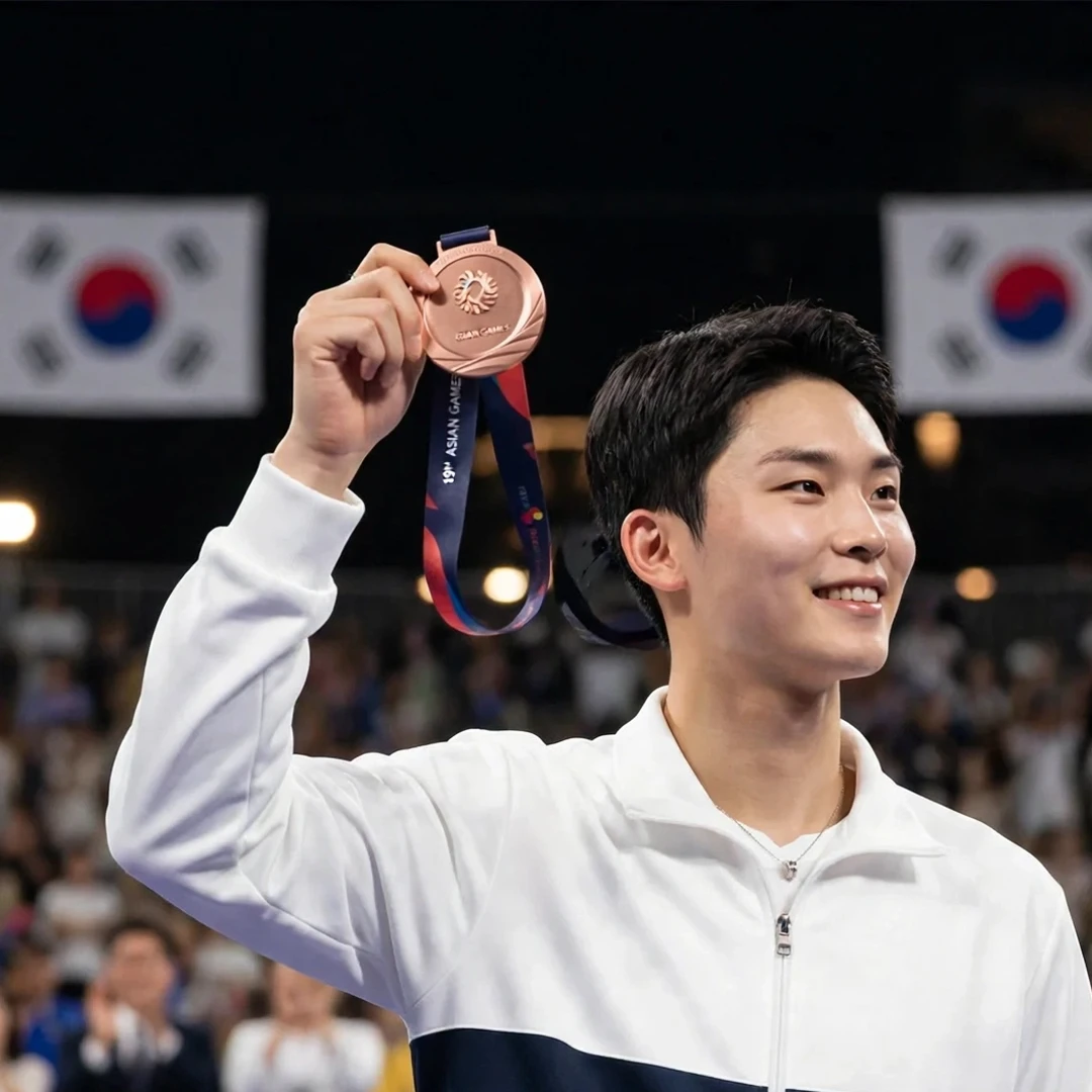 Yoo Tae Bin Asian Games bronze medal Yoo Tae Bin holding up his 2026 Asian Games bronze medal (AI-generated)