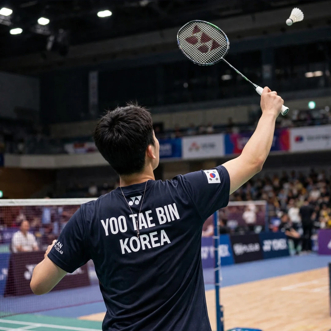 Yoo Tae Bin overhead clear Yoo Tae Bin playing an overhead clear from the backhand corner (AI-generated)