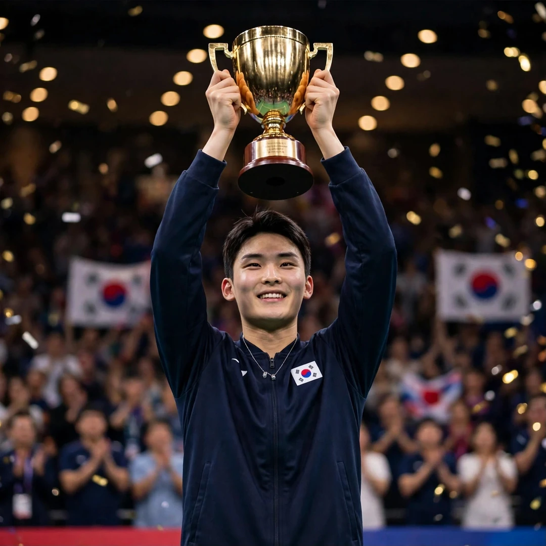 Yoo Tae Bin Luxembourg Open trophy Yoo Tae Bin lifting the 2025 Luxembourg Open trophy (AI-generated)