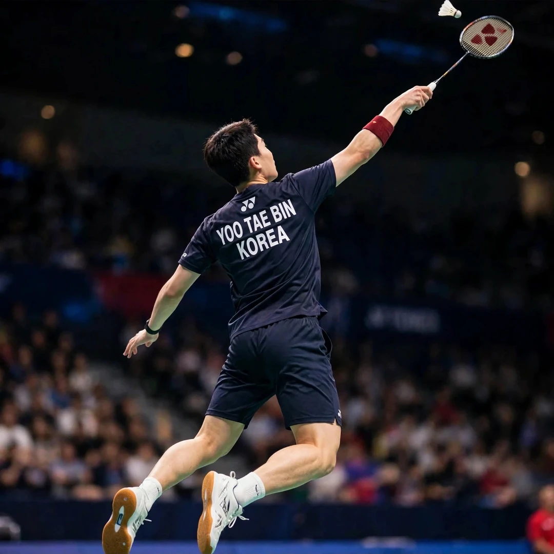 Yoo Tae Bin Taipei Open smash Yoo Tae Bin playing a forehand smash at the 2026 Taipei Open (AI-generated)