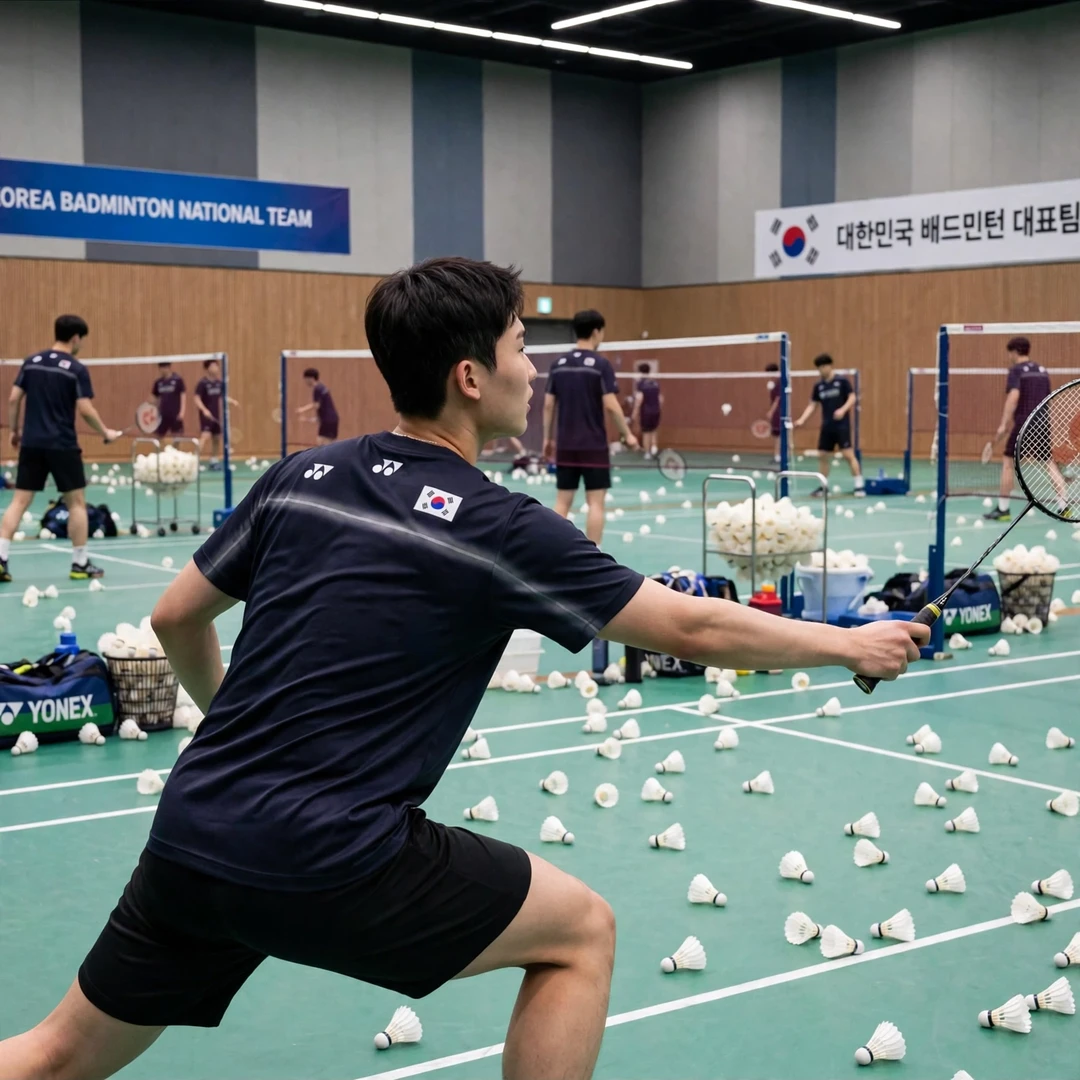 Yoo Tae Bin national team training Yoo Tae Bin in a multi-shuttle training drill with the South Korea national team (AI-generated)