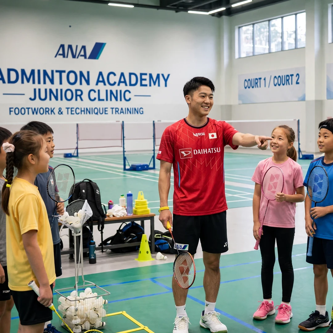 Yudai Okimoto coaching junior badminton players Yudai Okimoto with junior players at a badminton clinic (AI-generated)