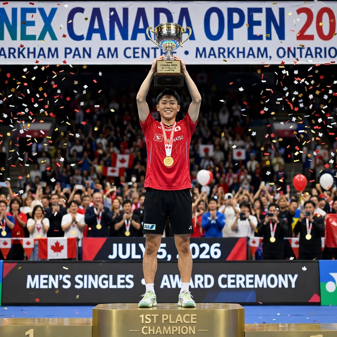 Yudai Okimoto first BWF World Tour title Canada Open 2026 Yudai Okimoto lifting the Canada Open 2026 trophy on the podium in Markham (AI-generated)