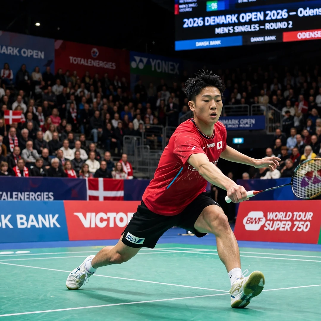 Yudai Okimoto Denmark Open 2026 quarter-final run Yudai Okimoto lunging in a rally at the Denmark Open 2026 in Odense (AI-generated)