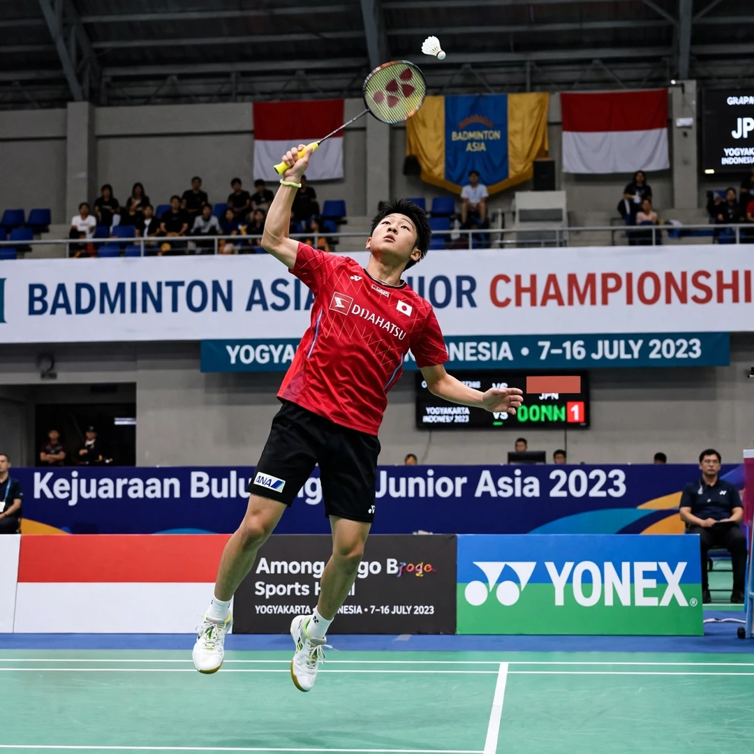 Yudai Okimoto Asian Junior Championships 2023 boys singles silver Young Yudai Okimoto jump smashing at the Asian Junior Championships 2023 in Yogyakarta (AI-generated)