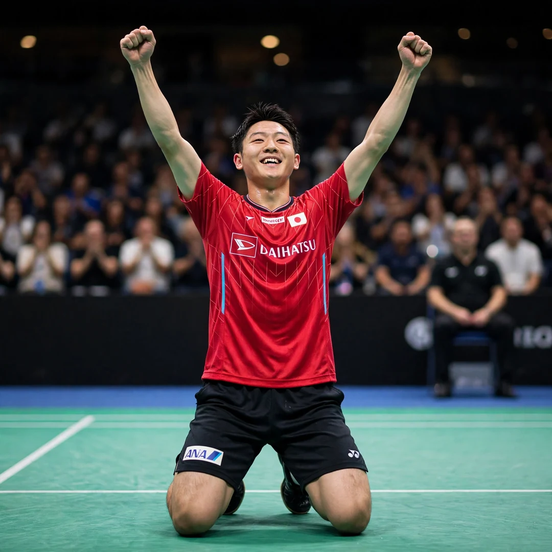 Yudai Okimoto Taipei Open 2026 champion celebration Yudai Okimoto celebrating his Taipei Open 2026 title on his knees (AI-generated)