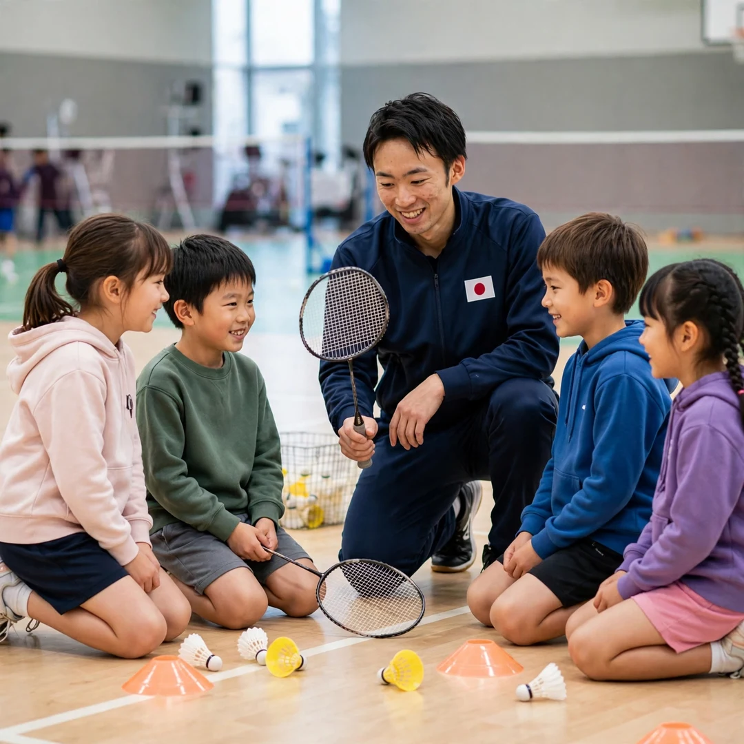 Yushi Tanaka coaching junior badminton players Yushi Tanaka with junior players at a badminton clinic (AI-generated)
