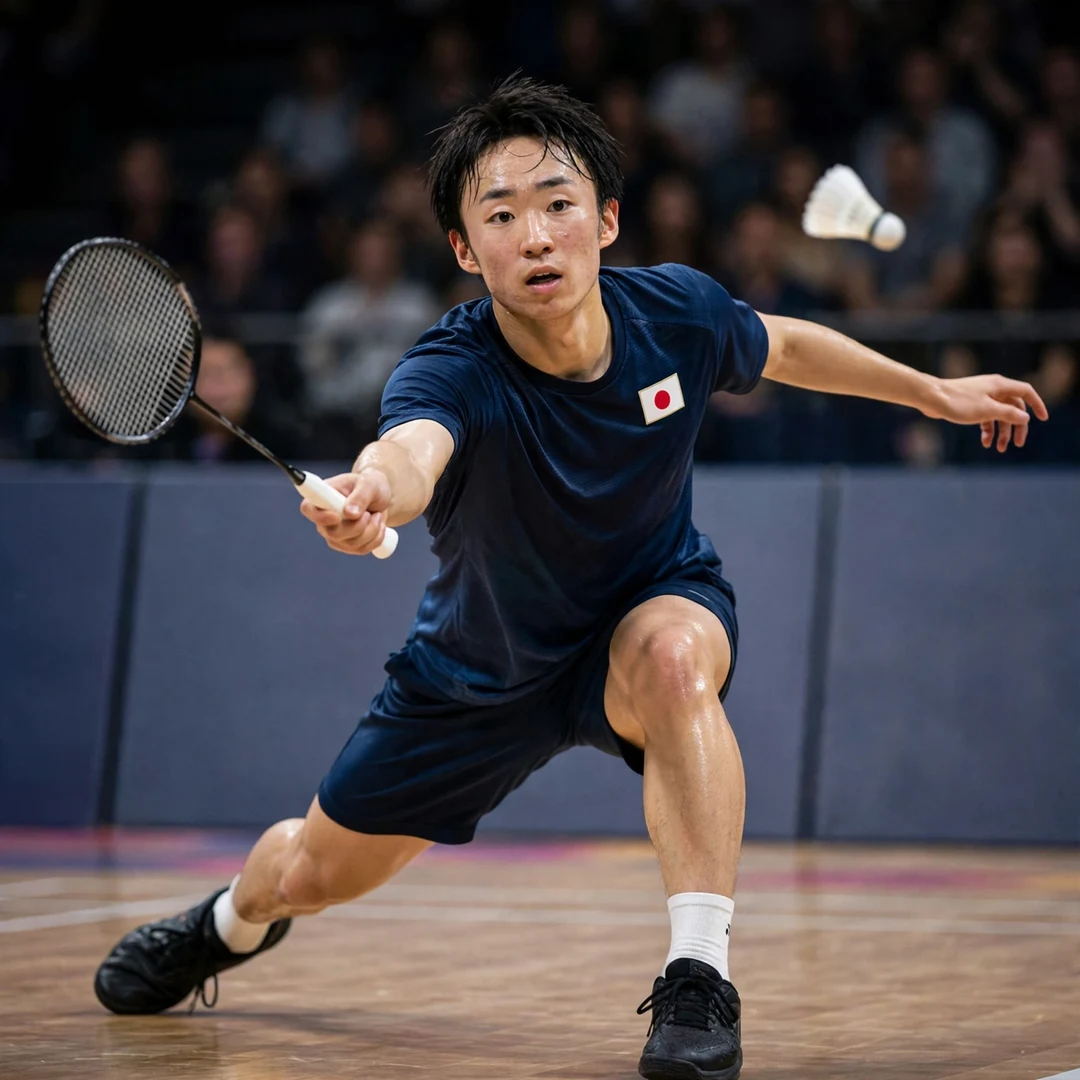 Yushi Tanaka Arctic Open 2026 Super 500 final Yushi Tanaka lunging in the Arctic Open 2026 final (AI-generated)
