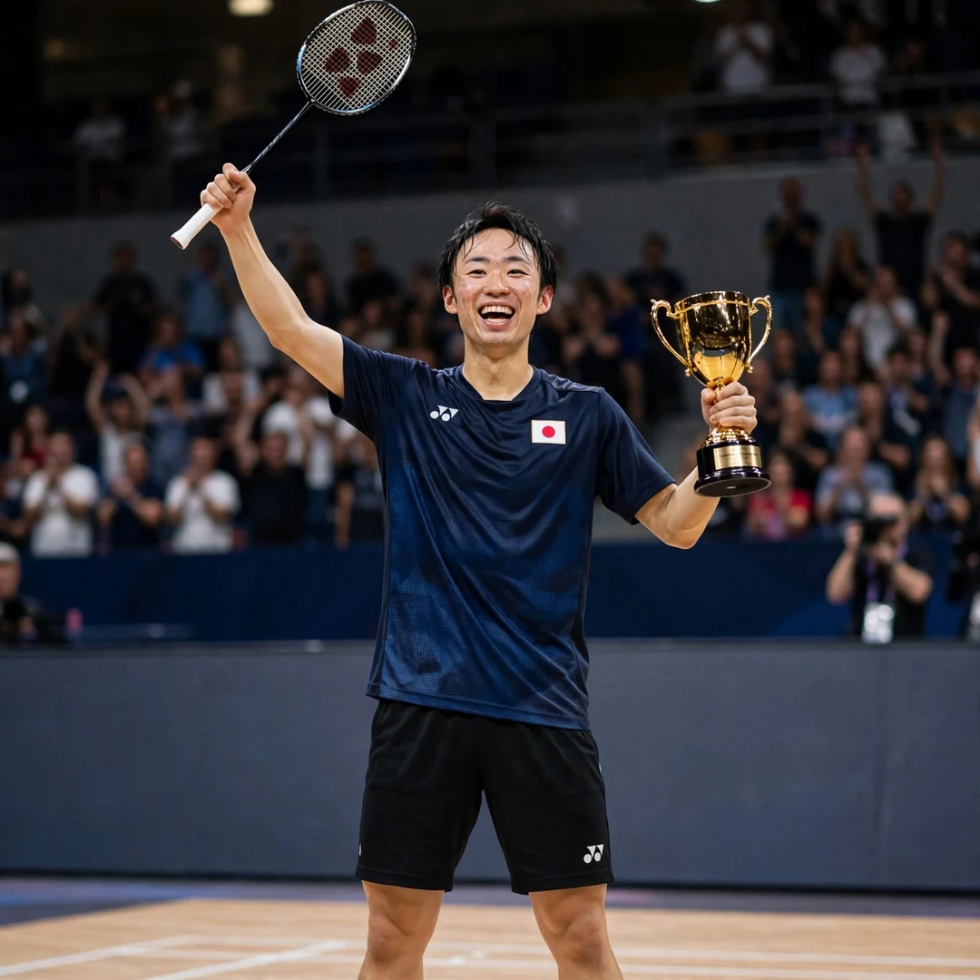 Yushi Tanaka Swiss Open 2026 champion celebration Yushi Tanaka celebrating his Swiss Open 2026 title (AI-generated)