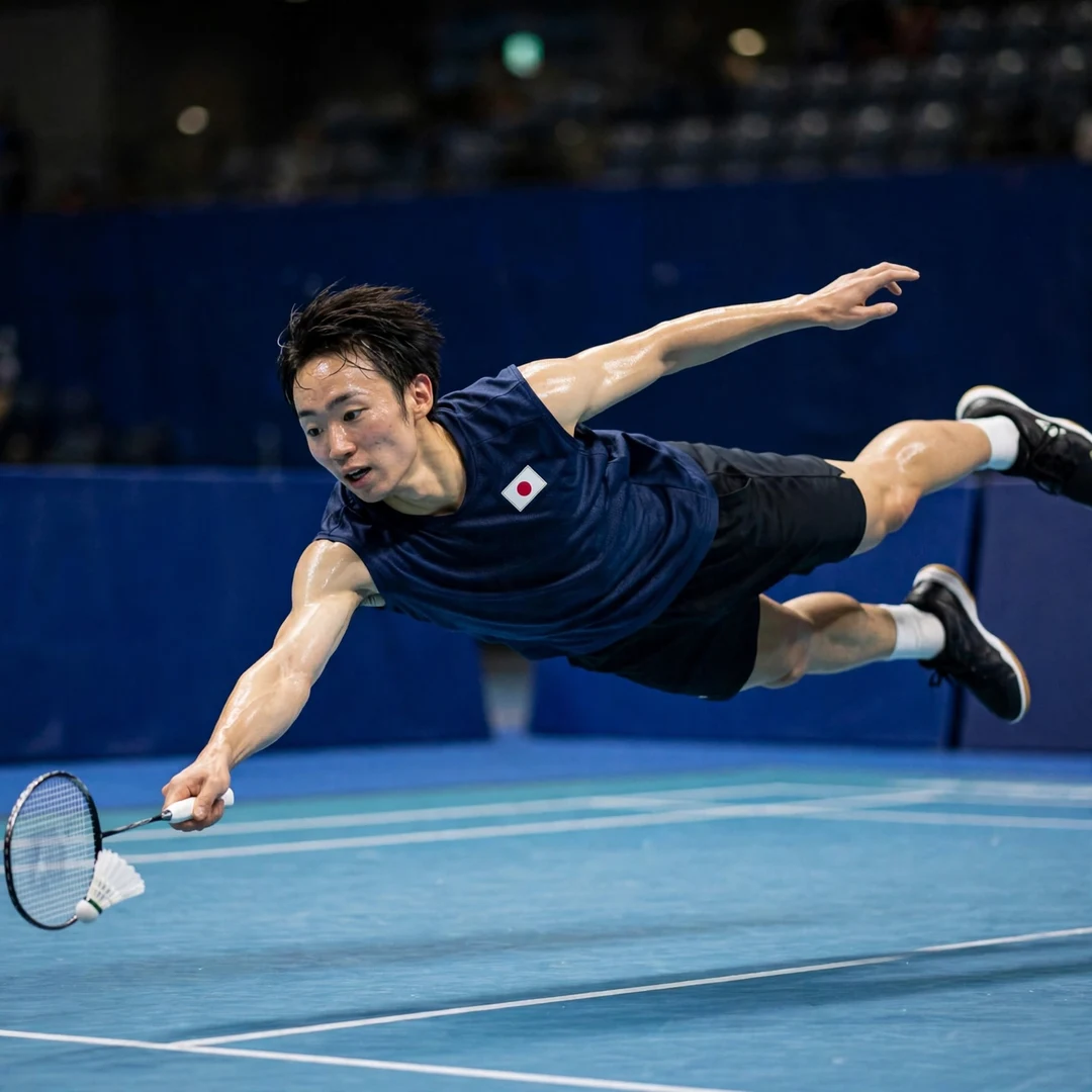 Yushi Tanaka relentless defensive retrieving Yushi Tanaka diving for a defensive return (AI-generated)