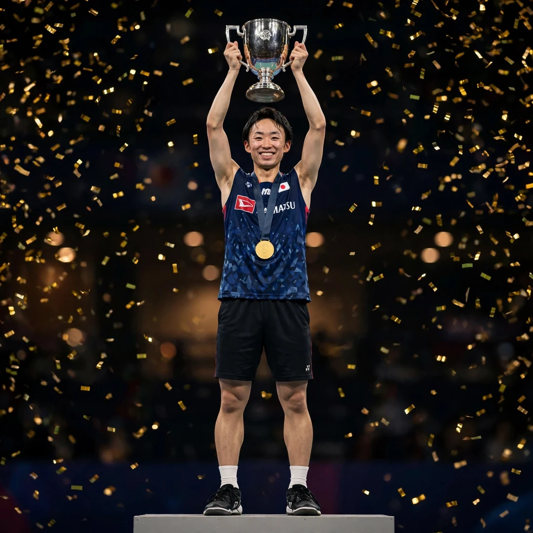 Yushi Tanaka first BWF World Tour title Orléans Masters 2024 Yushi Tanaka lifting the Orléans Masters 2024 trophy (AI-generated)