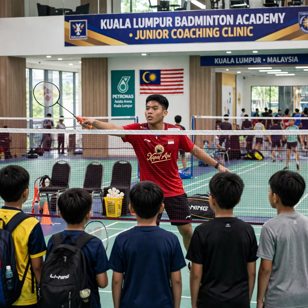 Zaki Ubaidillah inspiring junior badminton players Zaki Ubaidillah demonstrating a net shot to junior players at a coaching clinic in Kuala Lumpur (AI-generated)