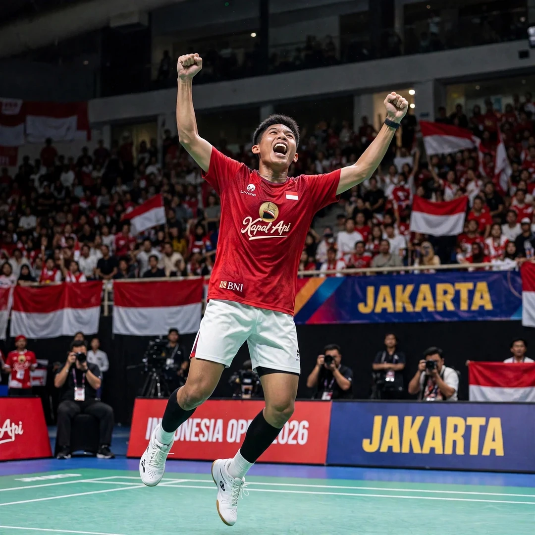 Indonesian fans celebrating Zaki Ubaidillah Indonesian badminton fans celebrating in the arena stands (AI-generated)