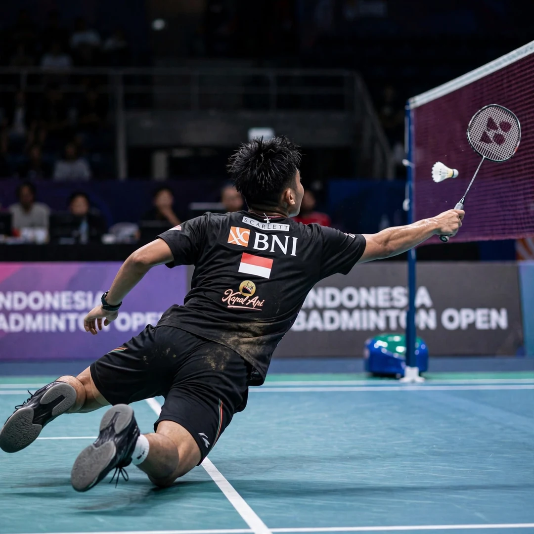 Zaki Ubaidillah defensive diving save Zaki Ubaidillah diving full-length to save a shuttlecock at the net, racket in his right hand (AI-generated)