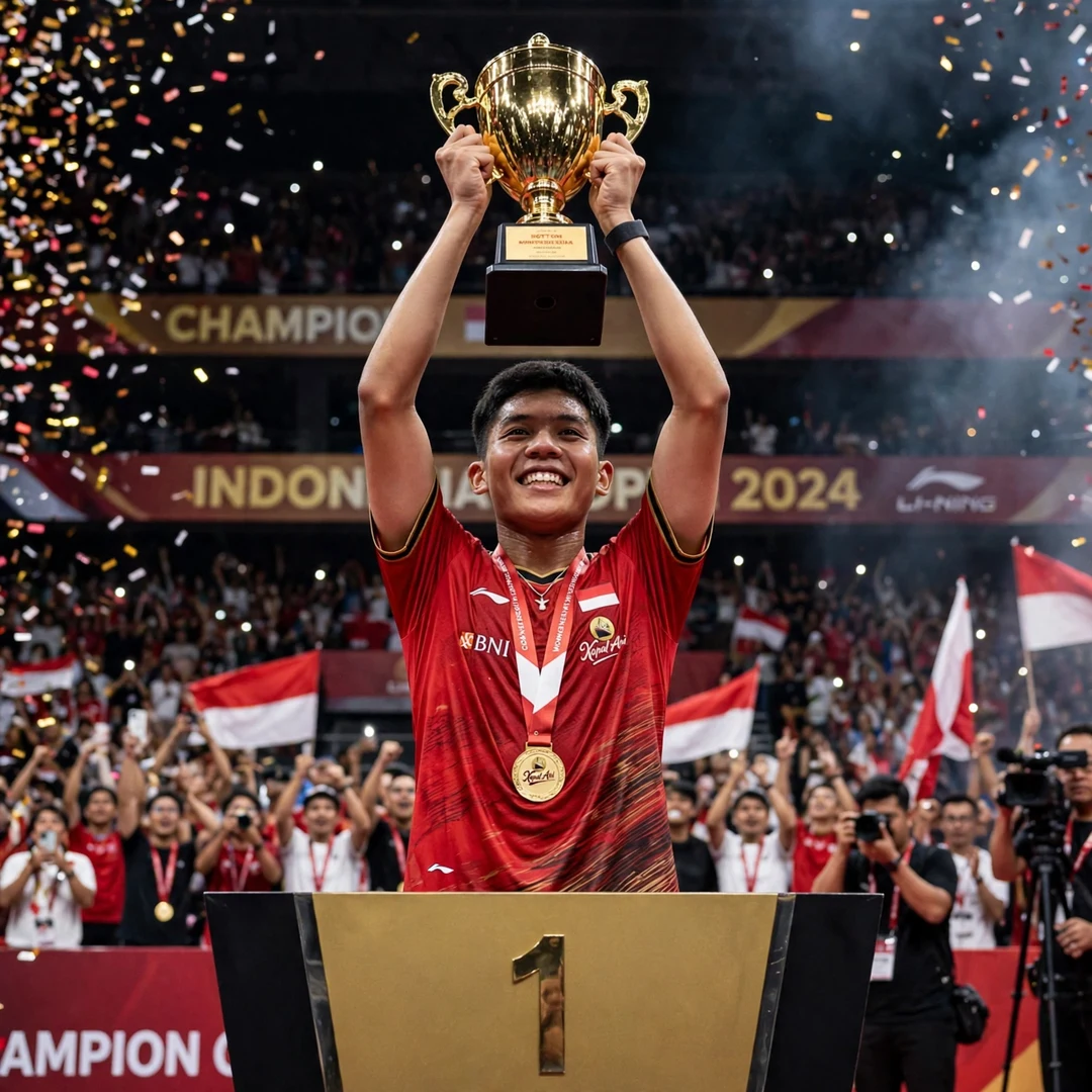 Zaki Ubaidillah Indonesia Masters champion Zaki Ubaidillah lifting the Indonesia Masters trophy on the podium (AI-generated)