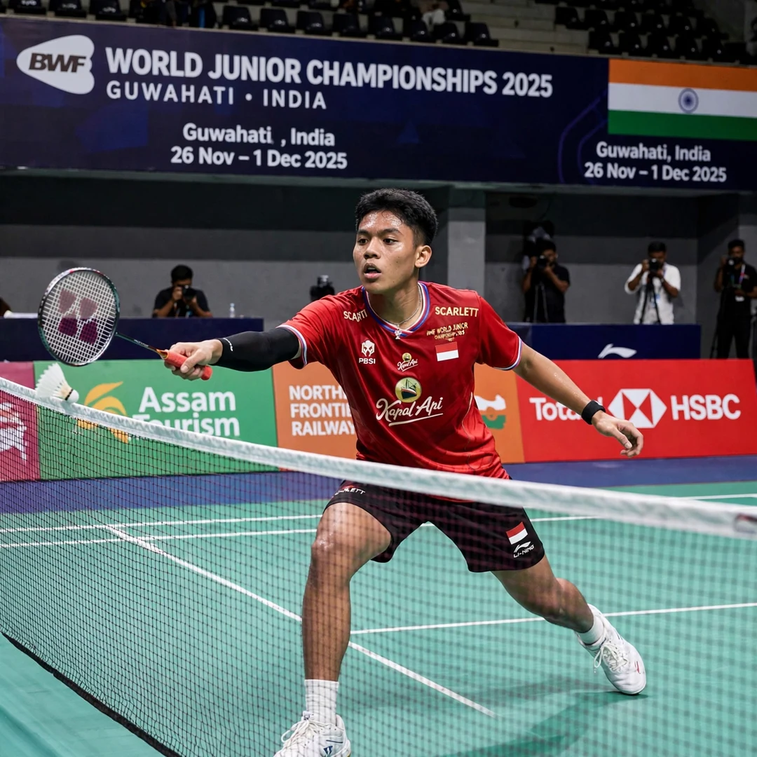 Zaki Ubaidillah World Junior Championships 2025 silver medal Zaki Ubaidillah playing a net shot at the 2025 World Junior Championships in Guwahati (AI-generated)