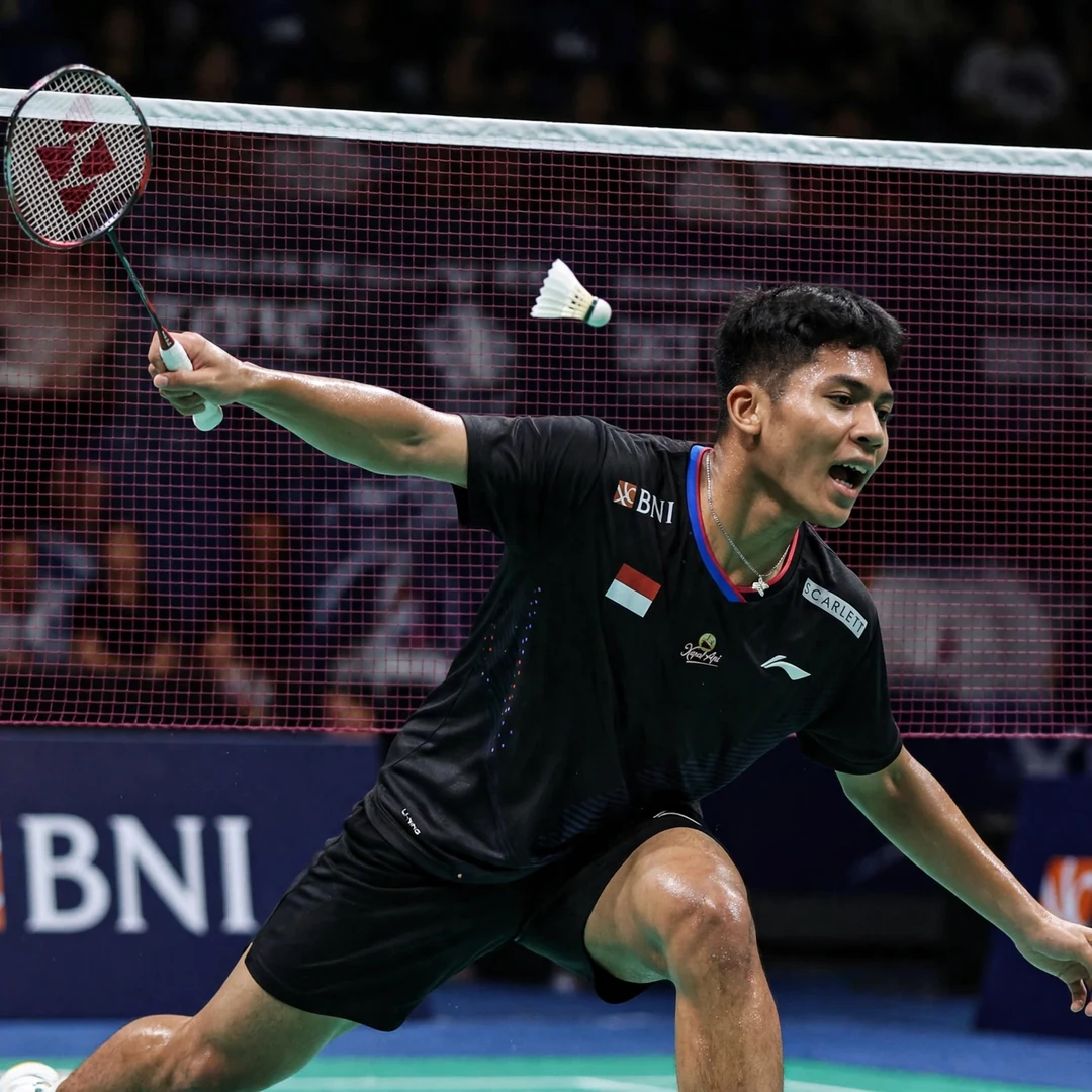 Zaki Ubaidillah net play and front-court skill Zaki Ubaidillah lunging for a spinning net shot, racket in his right hand (AI-generated)