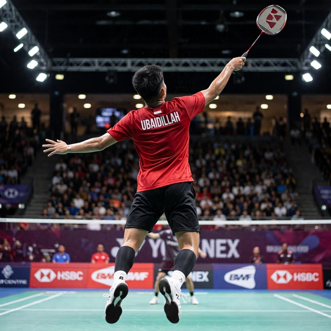 Zaki Ubaidillah right-handed attacking style Zaki Ubaidillah jump smash follow-through from behind, racket in his right hand (AI-generated)