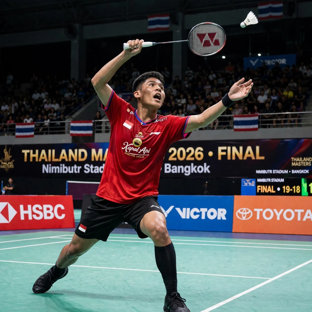 Zaki Ubaidillah Thailand Masters 2026 Super 300 champion Zaki Ubaidillah smashing in the 2026 Thailand Masters final in Bangkok (AI-generated)