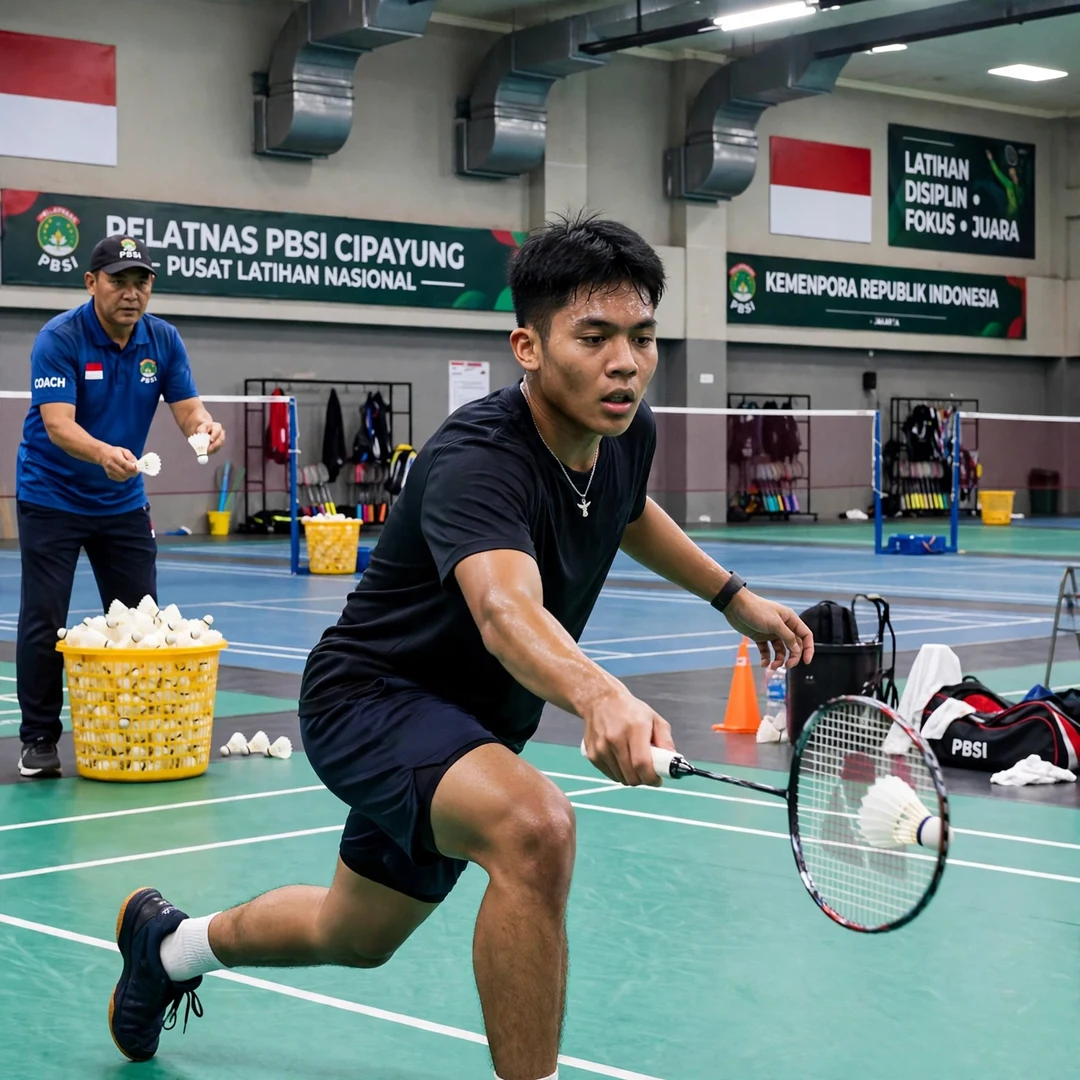 Zaki Ubaidillah training with the Indonesia national team Zaki Ubaidillah in a multi-shuttle training session at Pelatnas Cipayung (AI-generated)