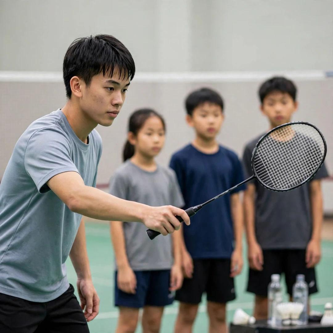 Zhe Ying Wu coaching juniors academy clinic Zhe Ying Wu demonstrating a net shot to junior players at an academy clinic (AI-generated)
