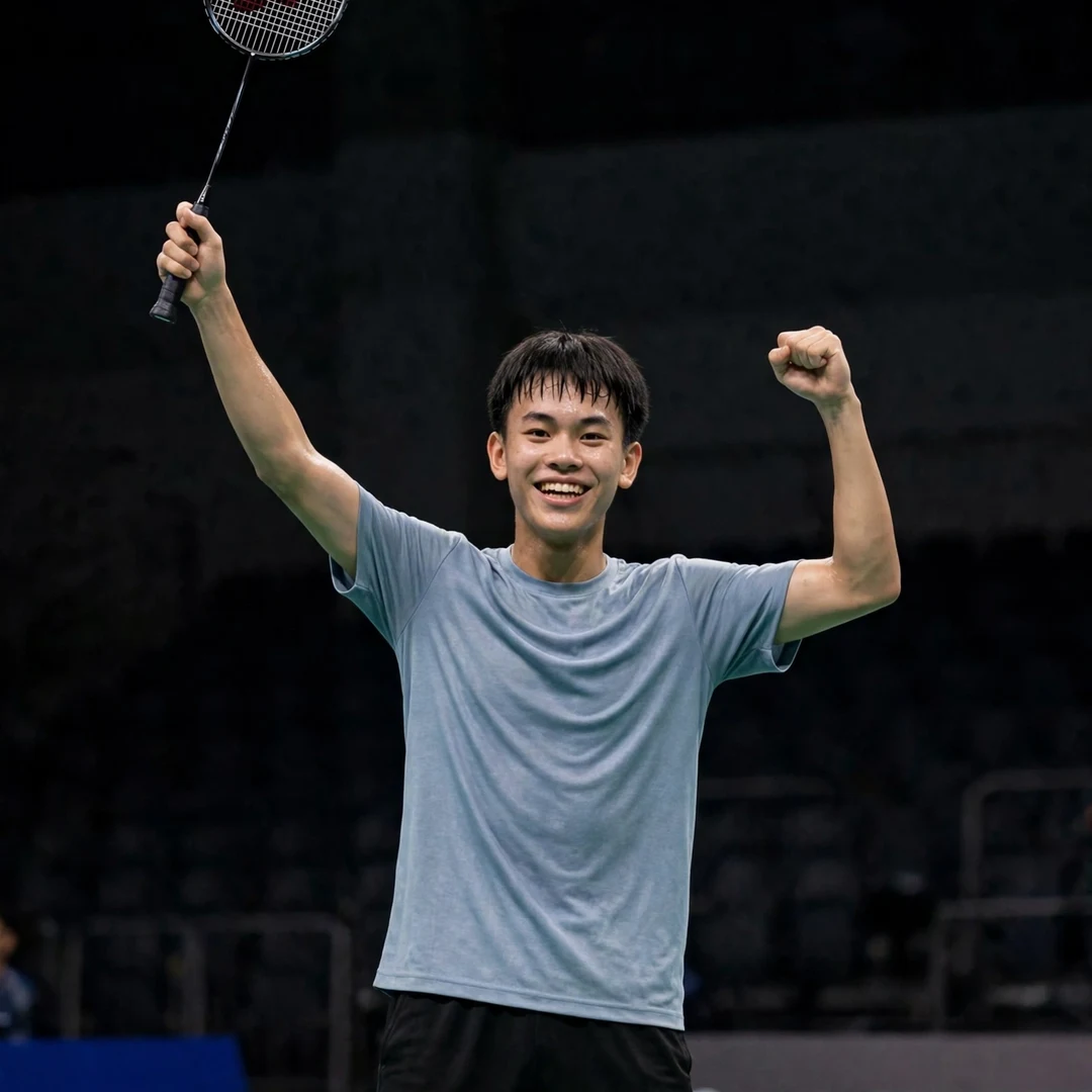 Zhe Ying Wu celebrating victory Zhe Ying Wu celebrating a match point with his racket raised (AI-generated)