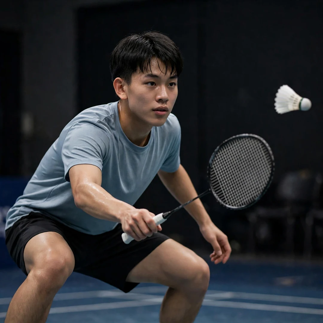 Zhe Ying Wu defensive crouch Zhe Ying Wu in a low defensive crouch returning a smash (AI-generated)