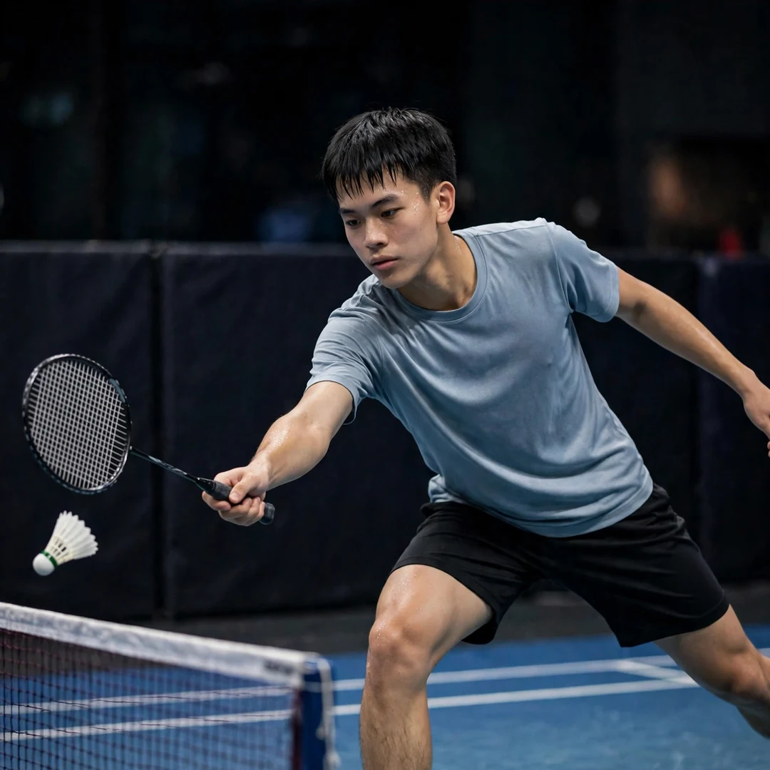 Zhe Ying Wu net play Zhe Ying Wu lunging at the net for a tumbling net shot (AI-generated)