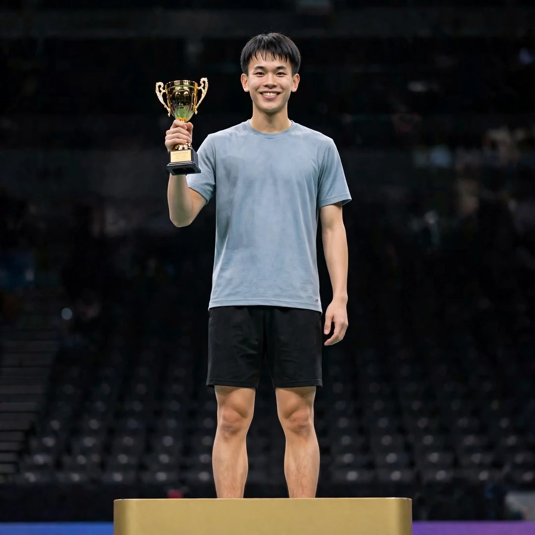 Zhe Ying Wu Singapore International Challenge champion podium Zhe Ying Wu on the podium with his first international trophy in Singapore (AI-generated)