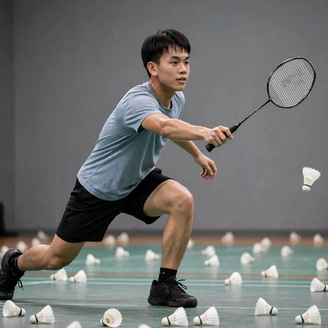 Zhe Ying Wu training multi-shuttle drill Zhe Ying Wu lunging in a multi-shuttle training drill (AI-generated)
