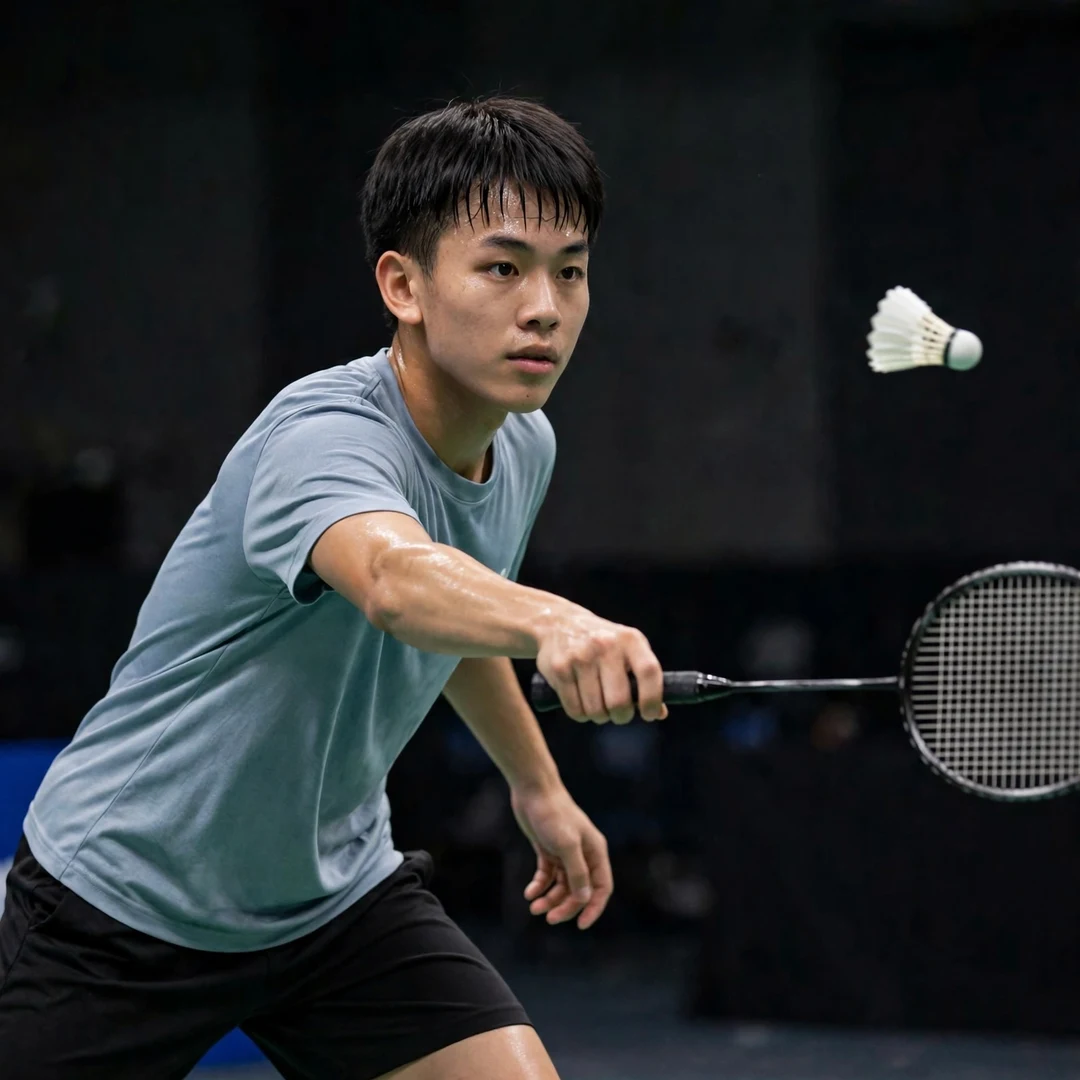 Zhe Ying Wu Vietnam Open 2026 Zhe Ying Wu driving the shuttle flat during his Vietnam Open win over Lee Zii Jia (AI-generated)
