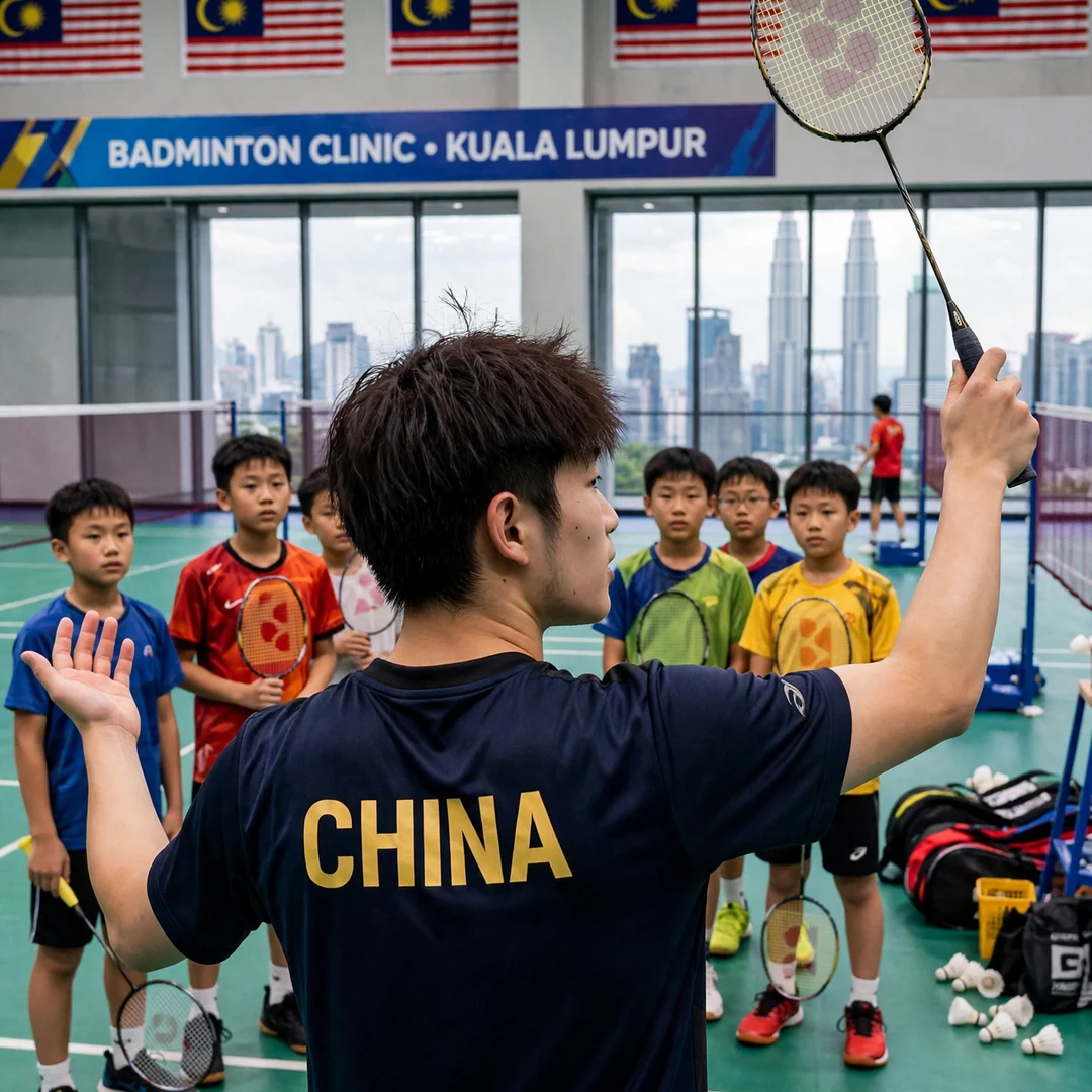 Zhu Xuan Chen junior clinic Zhu Xuan Chen coaching junior players at a clinic in Kuala Lumpur (AI-generated)