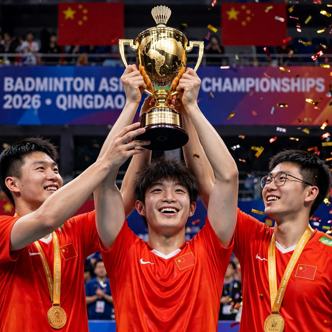 Zhu Xuan Chen Asia Team Championships 2026 Zhu Xuan Chen lifting the trophy with the China team at the 2026 Badminton Asia Team Championships in Qingdao (AI-generated)