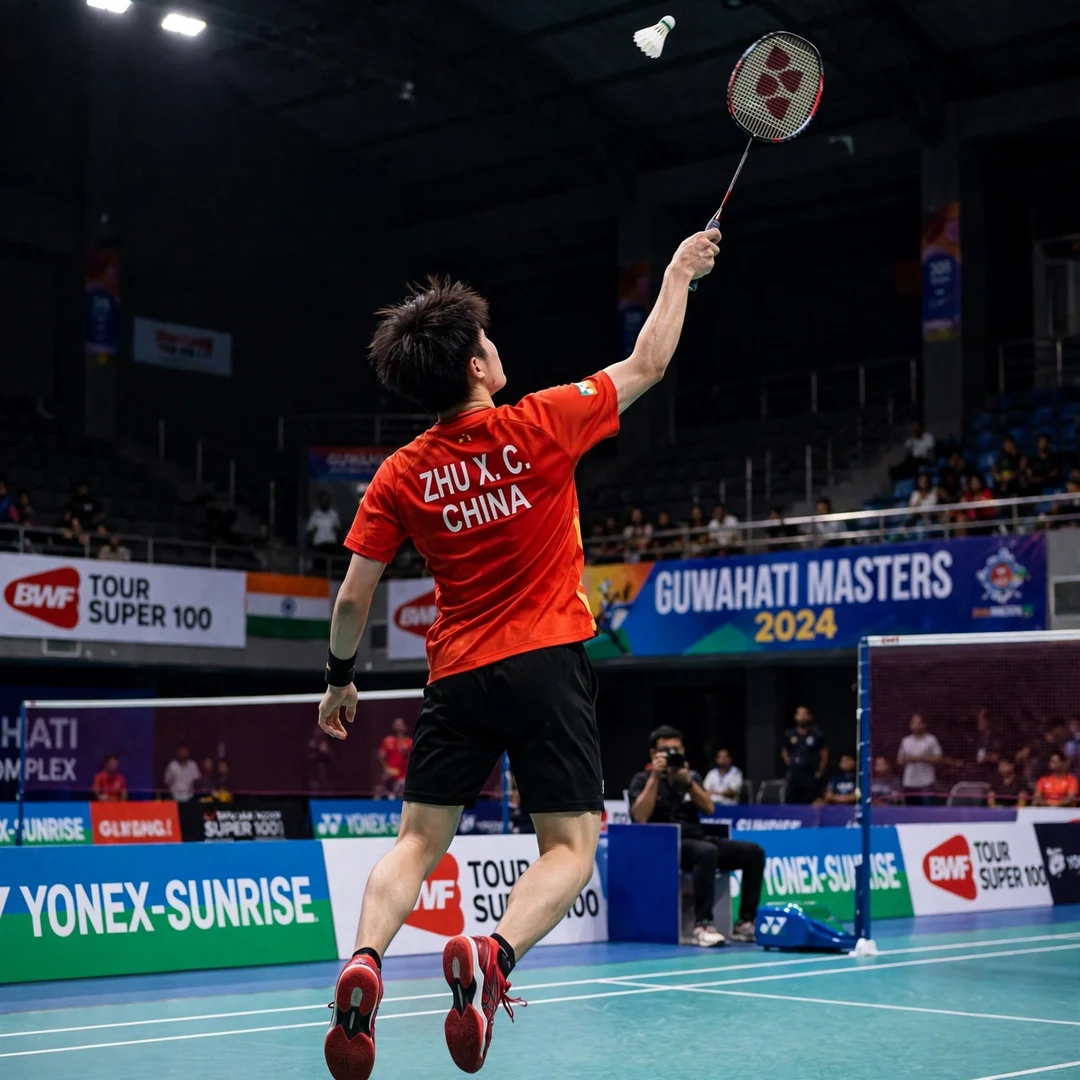 Zhu Xuan Chen Guwahati Masters 2024 Young Zhu Xuan Chen playing a jump smash at the 2024 Guwahati Masters in India, where he reached his first World Tour final (AI-generated)