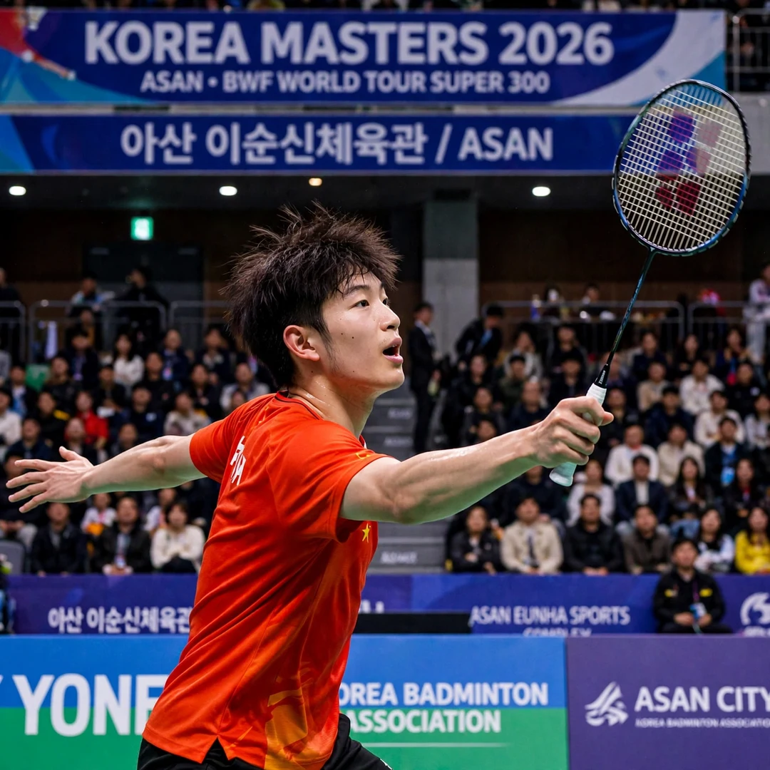Zhu Xuan Chen Korea Masters 2026 Zhu Xuan Chen playing a forehand smash at the 2026 Korea Masters in Asan, where he won his first World Tour title (AI-generated)