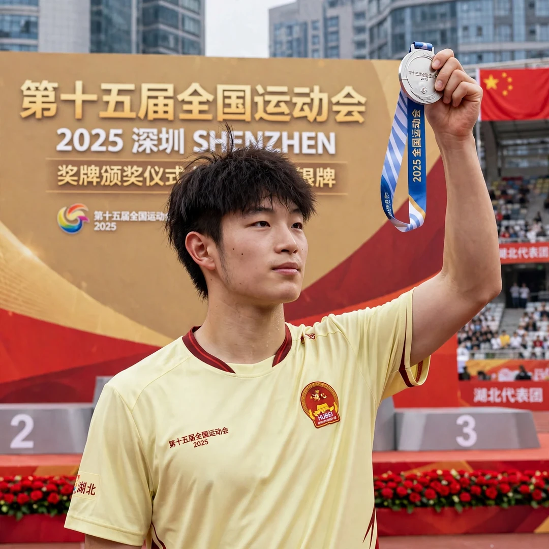 Zhu Xuan Chen National Games silver medal Zhu Xuan Chen holding up his silver medal at the 2025 National Games of China in Shenzhen (AI-generated)
