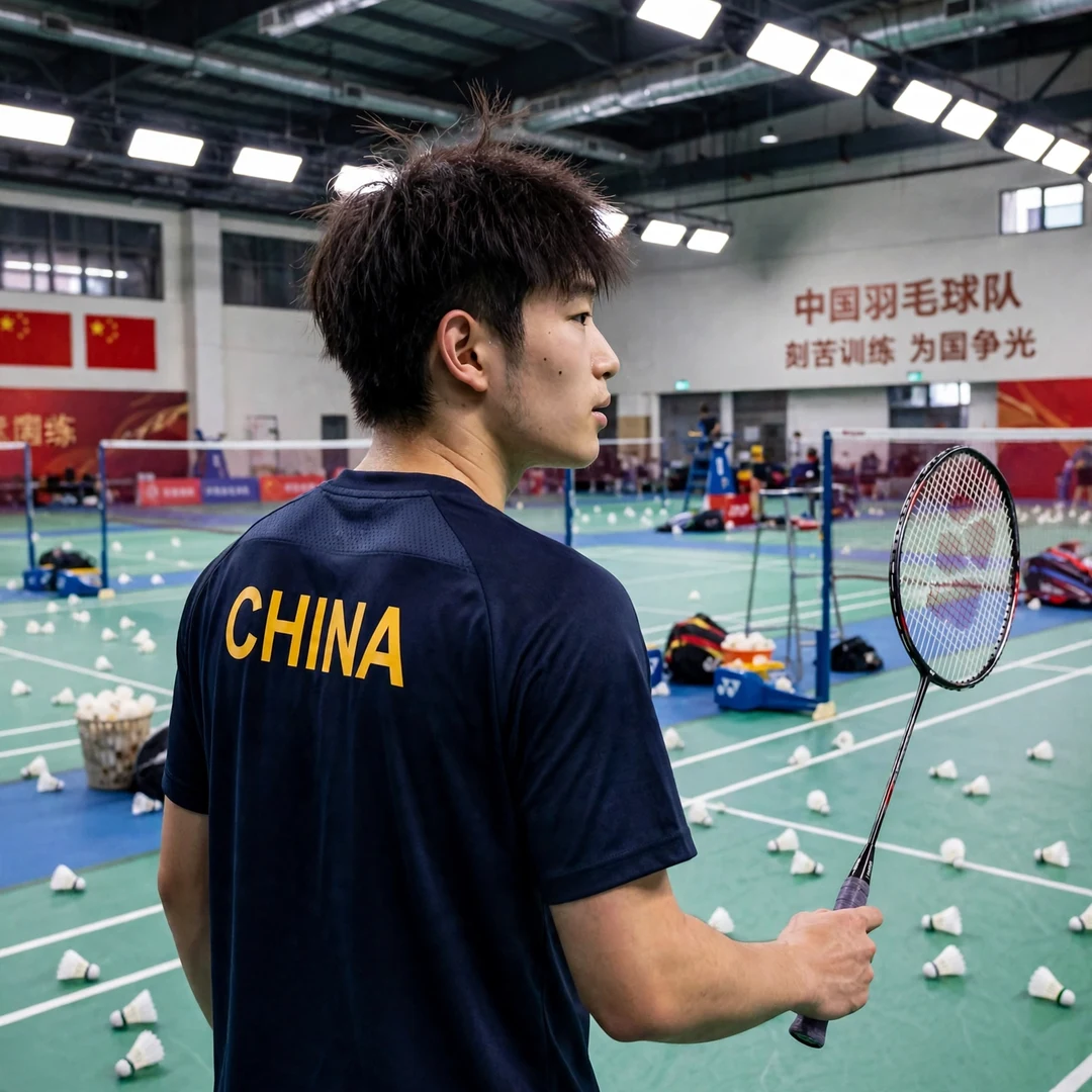 Zhu Xuan Chen training Zhu Xuan Chen in a multi-shuttle training drill at a China national team training hall (AI-generated)